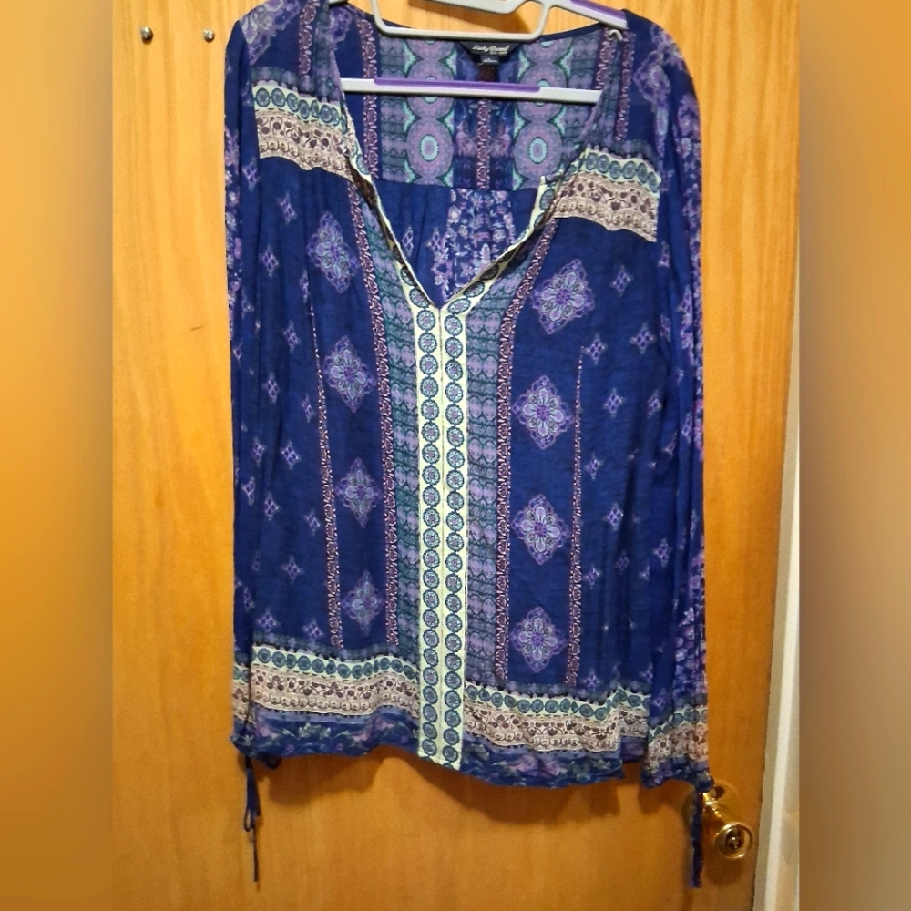 Lucky Brand Navy and Lavender Boho Patterned Blouse